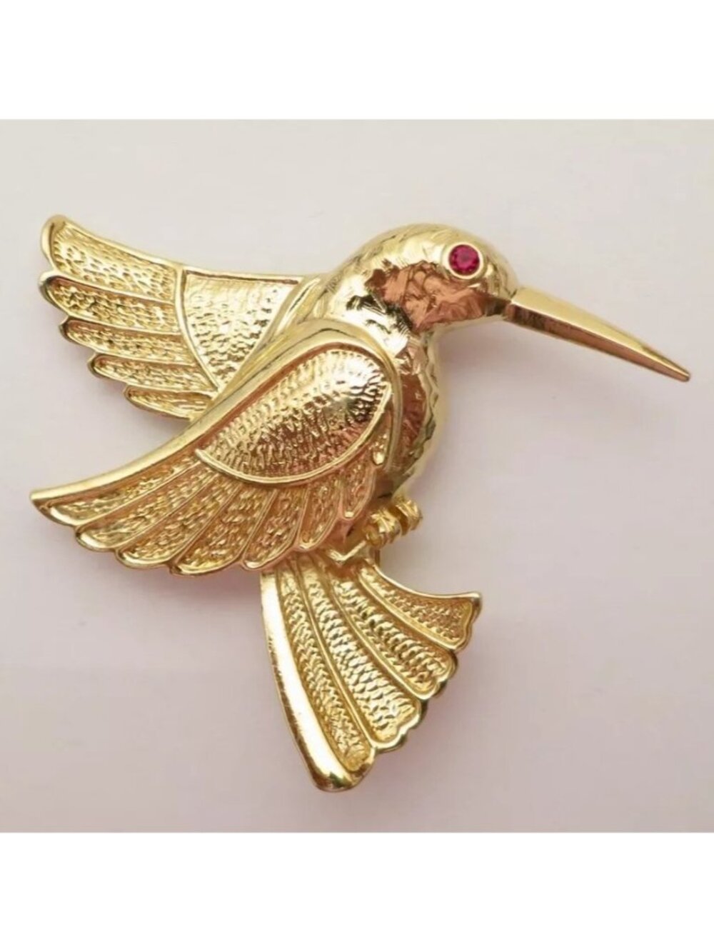 Goldtone Hummingbird Brooch, Pin With Red Stone Eye